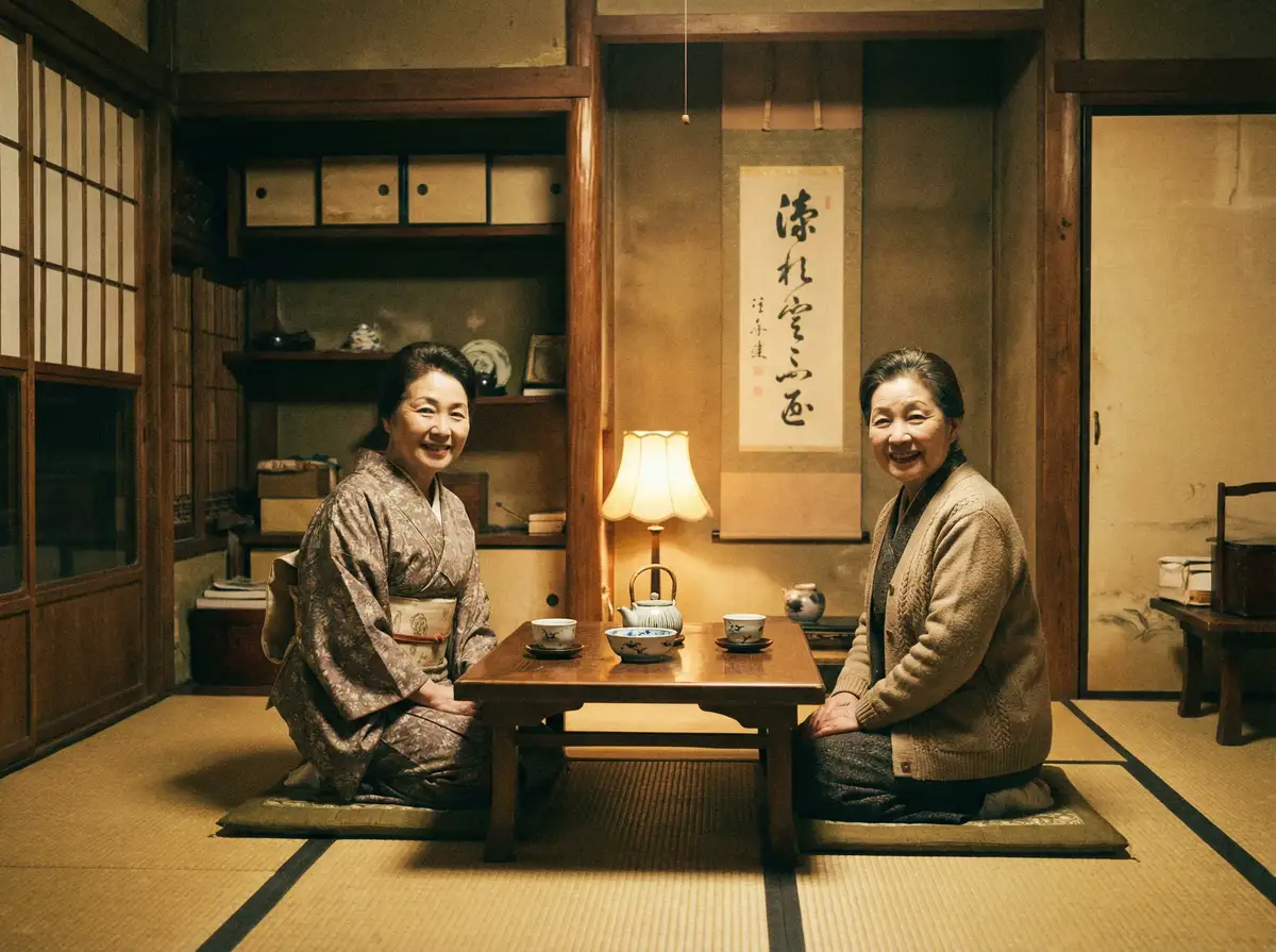两位优雅的 秋刀姨 在日式茶室中品茶交谈